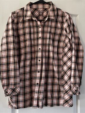 J. Jill Plaid Womens Button-Down Shirt in Cream, Black & Orange Petite Medium